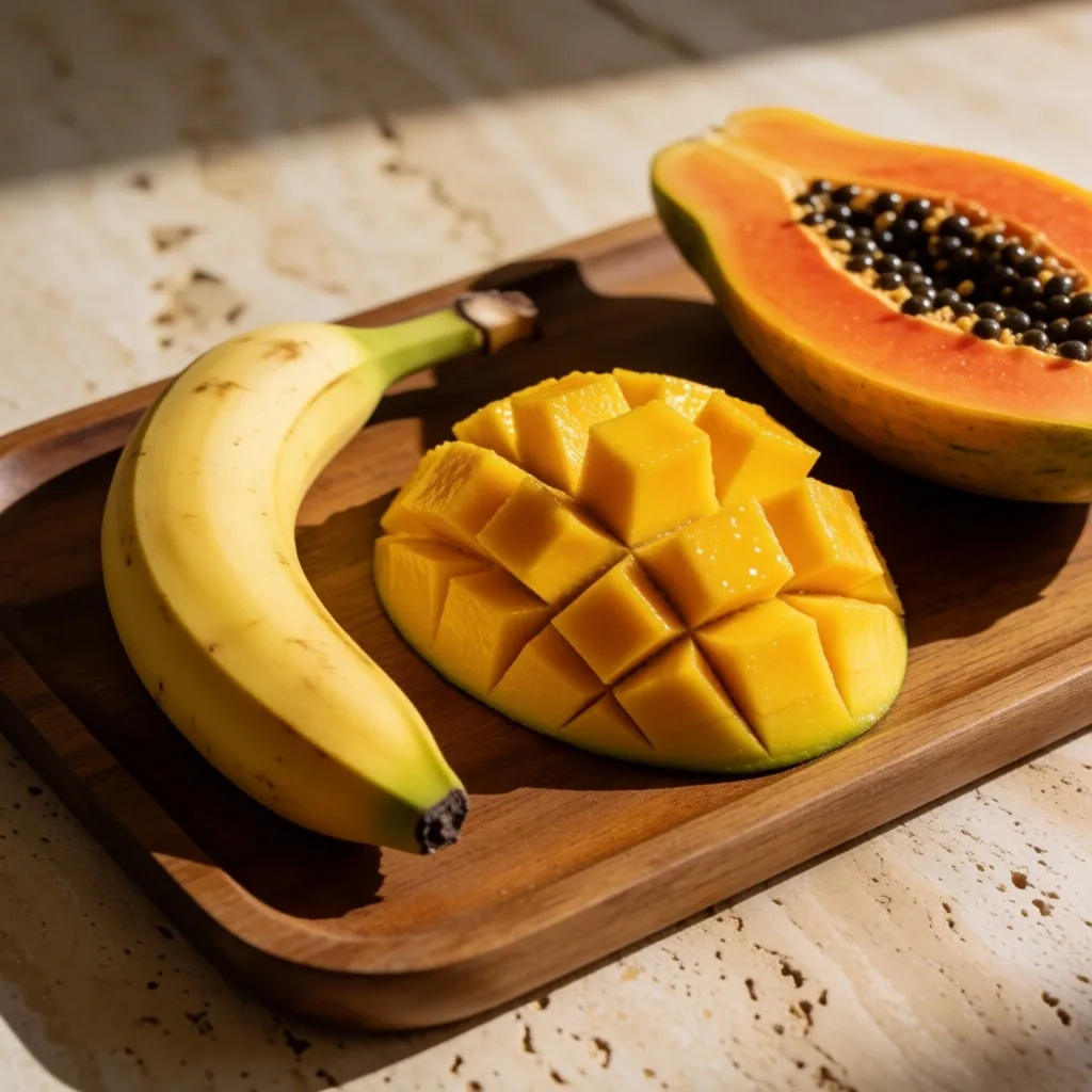 Tropical fruits on a wooden tray in warm morning light